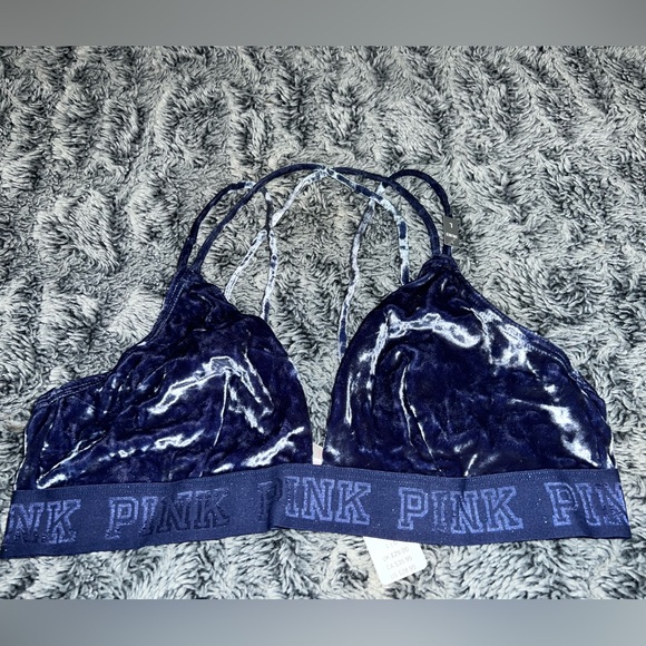 NWT Victoria’s Secret Pink Collection Vintage Blue Velvet Strappy Bralette L - Picture 2 of 4